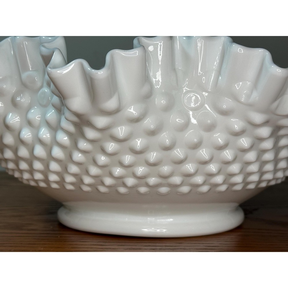 Vintage Large Fenton Hobnail Milk Glass Bowl with Ruffled Edge - Picture 3 of 7